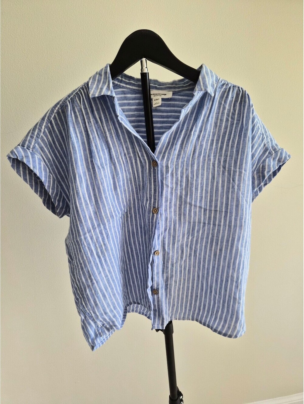 Beachlunchlounge Blue and White Striped Short Sleeve Button-Up Shirt 0339